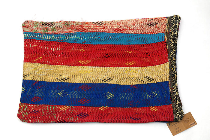 Colorful Sari Kantha cushion cover with red, blue and yellow patterned stripes. Perfect for adding a touch of warmth and style to your home. Size: 60 x 40 cm.