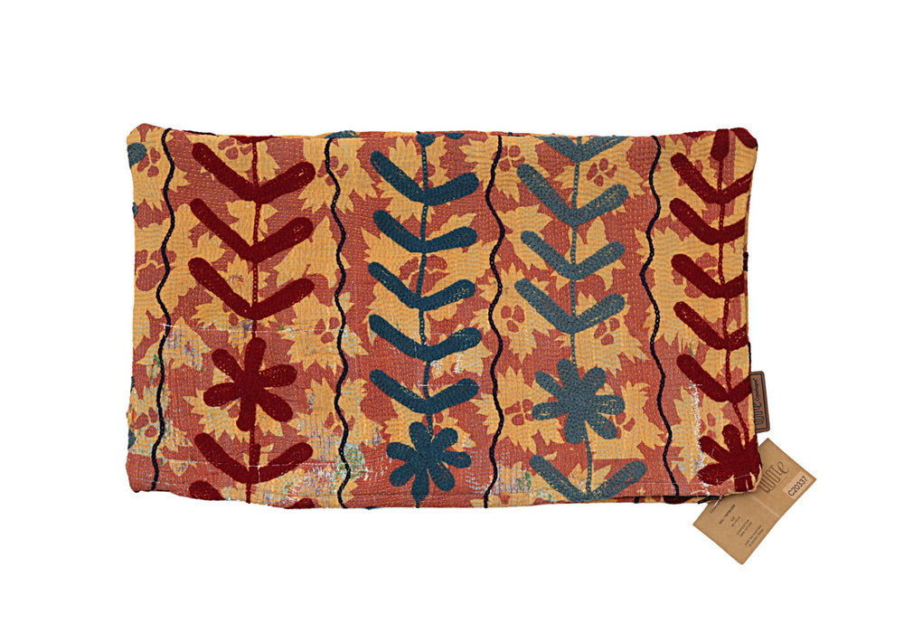 Suzani pillowcase 30x50 cm in yellow and ochre with colorful burgundy and blue floral patterns and black contour stitch vintage boho Indian pillow