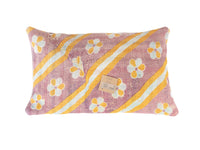 Sari pillowcase 30x50 with purple and ochre colors, bohemian flowers and stripe pattern in white and light blue - unique Indian pillowcase with oriental vintage look