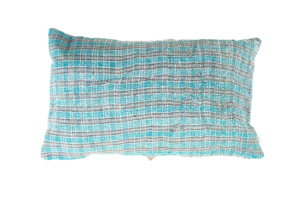 Sari pillowcase 30x50 with unique upcycled patchwork in colorful stripes (pink, green, yellow) as well as black and white bohemian zigzag and floral oriental patterns in Indian style