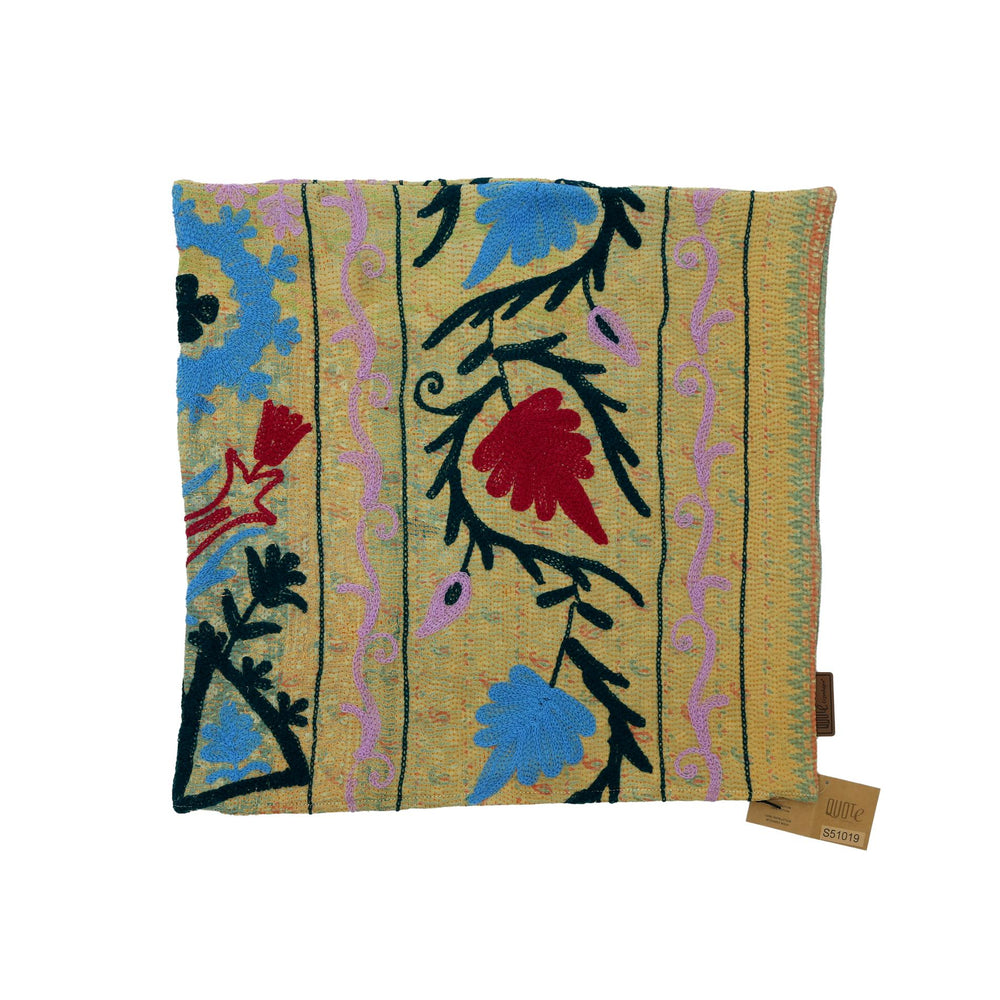 Boho oriental pillowcase with suzani-inspired flowers in blue purple red and black on yellow beige background with vertical patterns