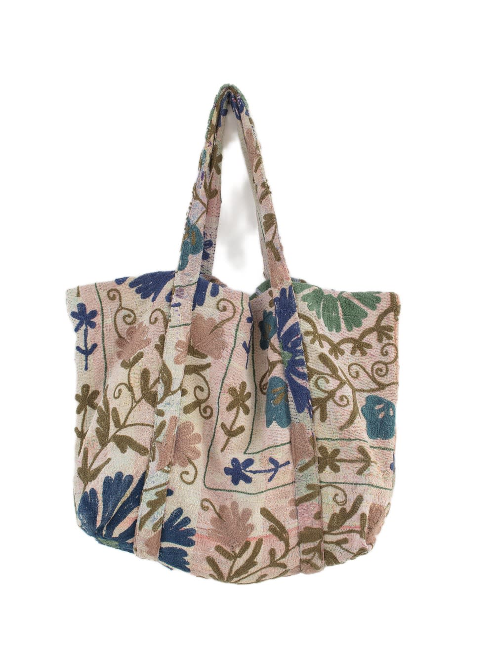 Sac de plage Suzani vintage avec des broderies en rose, bleu et vert olive, vue de face
