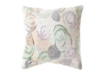 Unique sari pillowcase 50x50 in boho vintage style with colorful patchwork in pastel colors such as white, light blue, mint and purple with patterned textures and ethnic expression