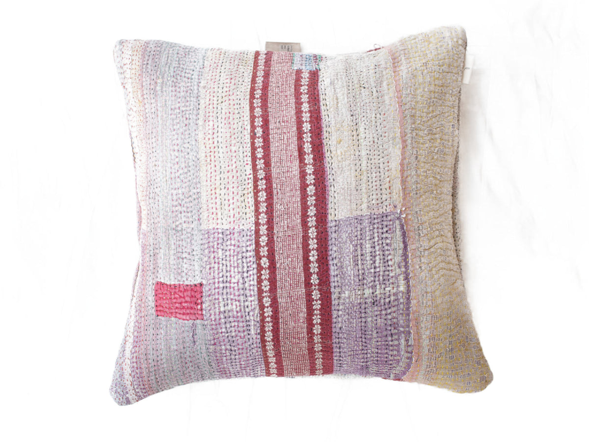 Unique sari pillowcase in boho patchwork style 50x50 with colorful stripes in white, dusty pink, purple and yellow, decorative patterns and ethnic vintage look.
