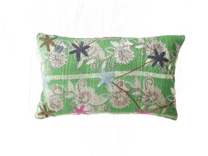 30x50 suzani pillowcase in green with colorful oriental floral and wrap pattern in beige gray blue and pink bohemian vintage ethnic