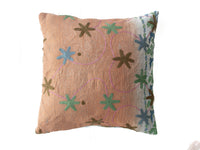 Suzani cushion cover 50x50 cm in warm terracotta with embroidered star flowers in turquoise green and blue and purple swirls in ethnic boho style
